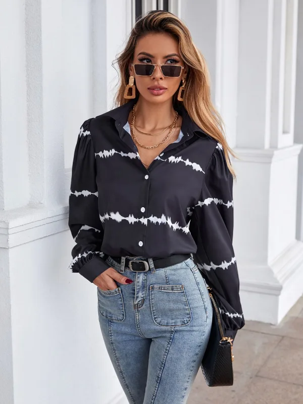 Casual Printing Svart Topper Dame Bluser 2021 Løs Revers Langermede Bluser