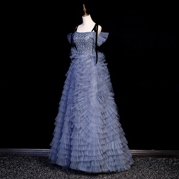Sexy Ocean Blue Cascading Ruffles Beading Sequins Prom Dresses 2023 A-Line / Princess Off-The-Shoulder Short Sleeve Backless Floor-Length / Long Flower Girl Dresses