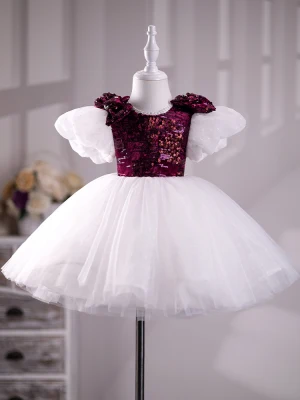 Chic Beautiful Burgundy Sequins Birthday Flower Girl Dresses 2024 Ball Gown Scoop Neck Puffy Short Sleeve Floor Length Long Flower Girl Dresses