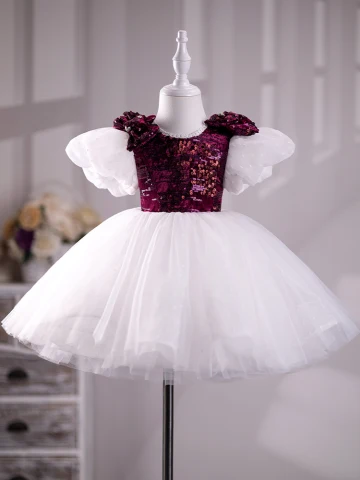 Chic Belle Bordeaux Paillettes Anniversaire Robe Ceremonie Fille 2024 Robe Boule Encolure Dégagée Gonflée Manches Courtes Longue Robe Ceremonie Fille