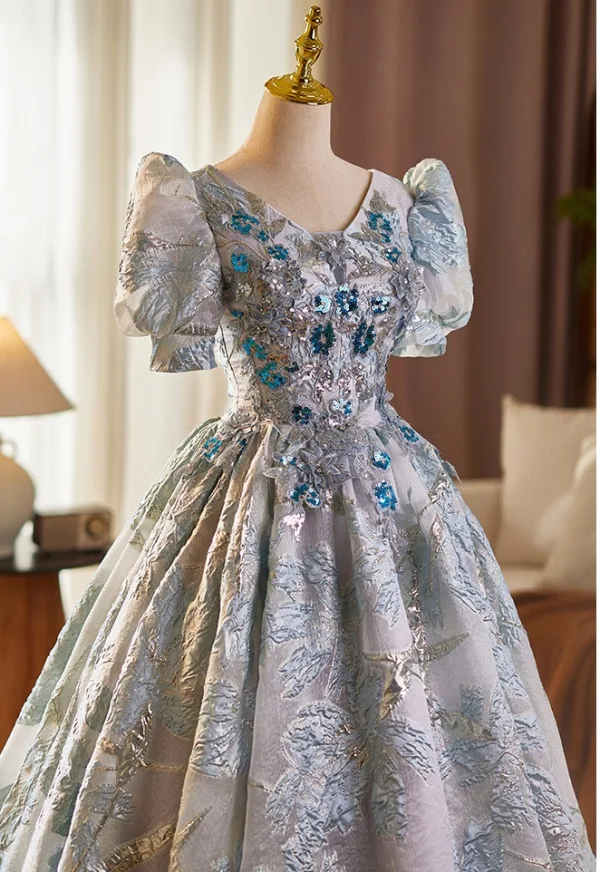 Elegant Grey Beading Sequins Lace Flower Prom Dresses 2025 Ball Gown V-Neck Short Sleeve Floor-Length / Long Prom Formal Dresses