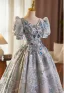 Elegant Grey Beading Sequins Lace Flower Prom Dresses 2025 Ball Gown V-Neck Short Sleeve Floor-Length / Long Prom Formal Dresses