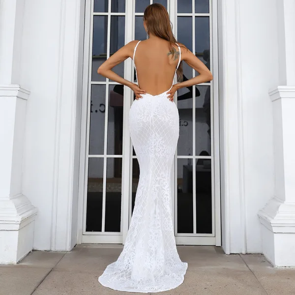Sexy Vert Citron Paillettes Été Robe De Soirée 2022 Trompette / Sirène Bretelles Spaghetti Sans Manches Dos Nu Train De Balayage Soirée Robe De Ceremonie