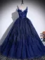 Vintage / Retro Sequins Navy Blue Prom Dresses 2025 Ball Gown Spaghetti Straps Sleeveless Backless Floor-Length / Long Formal Dresses