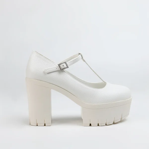 Fashion White Street Wear Waterproof Womens Shoes 2023 10 cm Thick Heels T-Strap Round Toe Womens Shoes