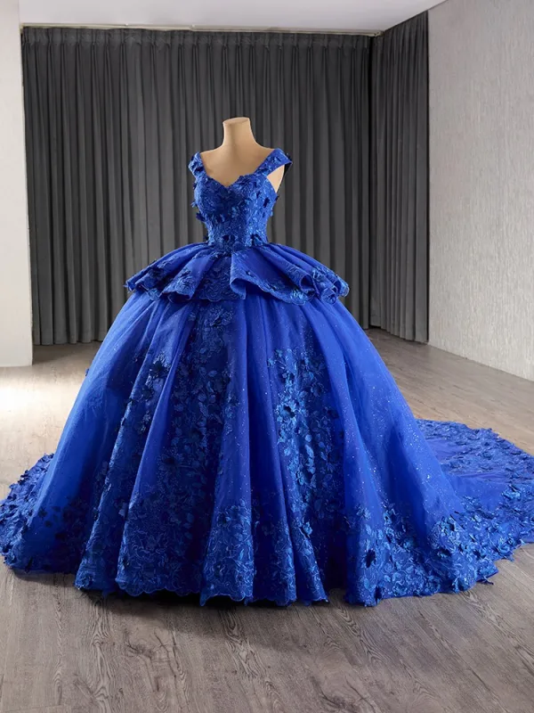Vintage / Retro High-end Red Lace Flower Appliques Prom Dresses 2024 Ball Gown V-Neck Sleeveless Backless Court Train Prom Formal Dresses