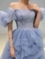 Chic / Beautiful Sky Blue Sequins Cascading Ruffles Prom Dresses 2023 A-Line / Princess Off-The-Shoulder Ruffle Short Sleeve Backless Floor-Length / Long Prom Formal Dresses