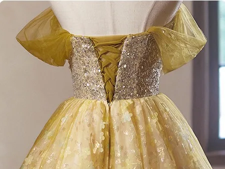 Flower Fairy Champagne Appliques Sequins Short Homecoming Graduation Dresses 2024 Ball Gown Off-The-Shoulder Short Sleeve Backless Tulle