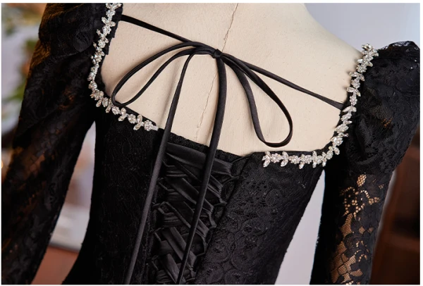 Elegant Black Winter Lace Prom Dresses 2024 A-Line / Princess Square Neckline Rhinestone Long Sleeve Backless Floor-Length / Long Prom Formal Dresses