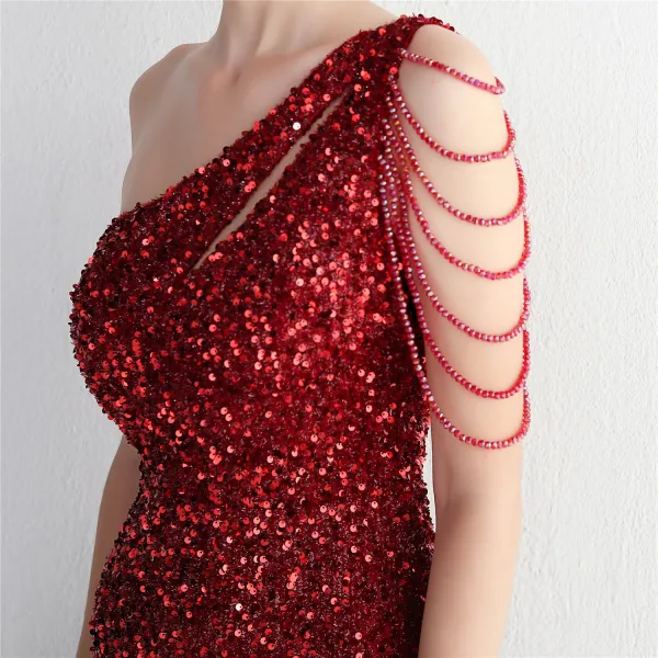 Glitzernden Dunkelgrün Perlenstickerei Pailletten Gespaltete Front Abendkleider 2024 Meerjungfrau One-Shoulder Ärmellos Rückenfreies Lange Abend Festliche Kleider