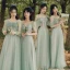 Modest / Simple Sage Green Lace Bridesmaid Dresses 2022 A-Line / Princess Short Sleeve Backless Floor-Length / Long Bridesmaid