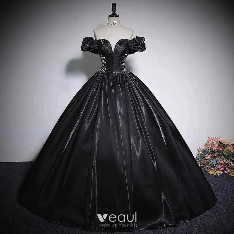 Elegant Black Satin Prom Dresses 2023 Ball Gown Off-The-Shoulder Short Sleeve Backless Floor-Length / Long Prom Formal Dresses Elegant Black Satin Prom Dresses 2023 Ball Gown Off-The-Shoulder Short Sleeve Backless Floor-Length / Long Prom Formal Dresses