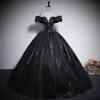 Elegant Black Satin Prom Dresses 2023 Ball Gown Off-The-Shoulder Short Sleeve Backless Floor-Length / Long Prom Formal Dresses