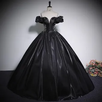Elegant Black Satin Prom Dresses 2023 Ball Gown Off The Shoulder Short Sleeve Backless Floor Length Long Prom Formal Dresses