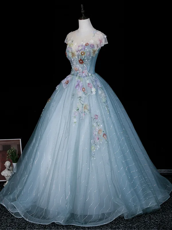 Vintage Himmelblau Perlenstickerei Spitze Blumen Pailletten Ballkleider 2026 Ballkleid Rundhalsausschnitt Ärmel Rückenfreies