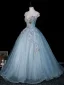 Vintage Himmelblau Perlenstickerei Spitze Blumen Pailletten Ballkleider 2026 Ballkleid Rundhalsausschnitt Ärmel Rückenfreies