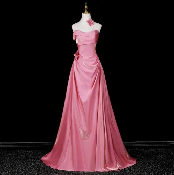 Charming Lovely Candy Pink Prom Dresses 2026 A Line Princess Strapless Sleeveless Backless Sweep Train Formal Dresses