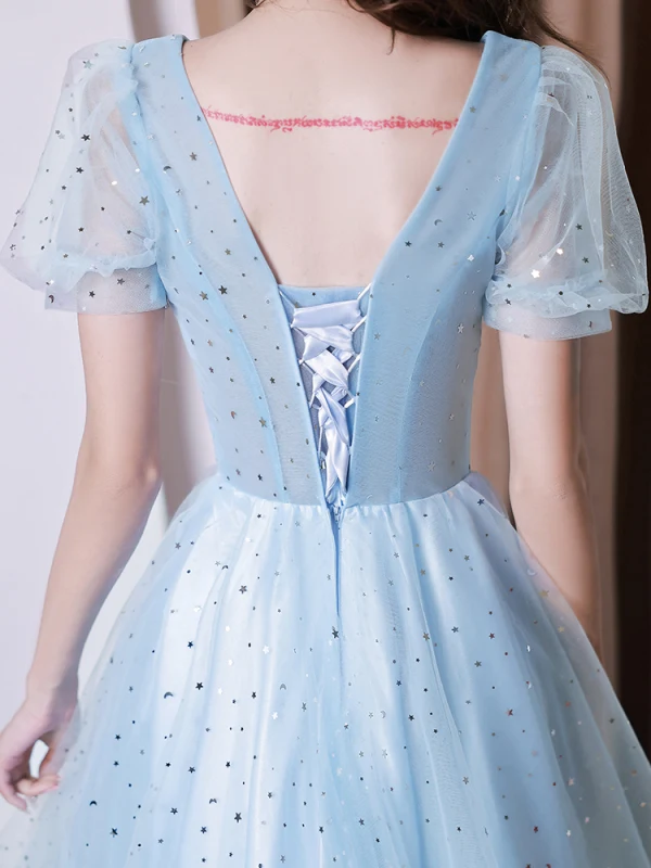 Lovely Sky Blue Star Sequins Evening Dresses 2023 A-Line / Princess Square Neckline Short Sleeve Backless Floor-Length / Long Evening Party Formal Dresses