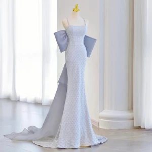 Sexy Bleu Ciel Robe De Soirée 2022 Trompette Sirène Bretelles Spaghetti Sans Manches Dos Nu Noeud Tribunal Train Soirée Robe De Ceremonie