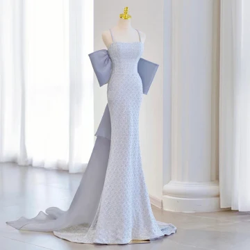 Sexy Sky Blue Evening Dresses 2022 Trumpet Mermaid Spaghetti Straps Sleeveless Backless Bow Court Train Evening Party Formal Dresses