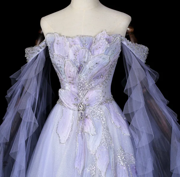 Luxe Lavande Fait main Perlage Faux Diamant Paillettes Robe De Bal 2026 Princesse De l'épaule Sans Manches Dos Nu Longue Tulle Robe De Ceremonie