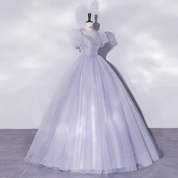 Chic / Beautiful Sky Blue Beading Sequins Prom Dresses 2022 Ball Gown Scoop Neck Short Sleeve Puffy Backless Floor-Length / Long Prom Formal Dresses