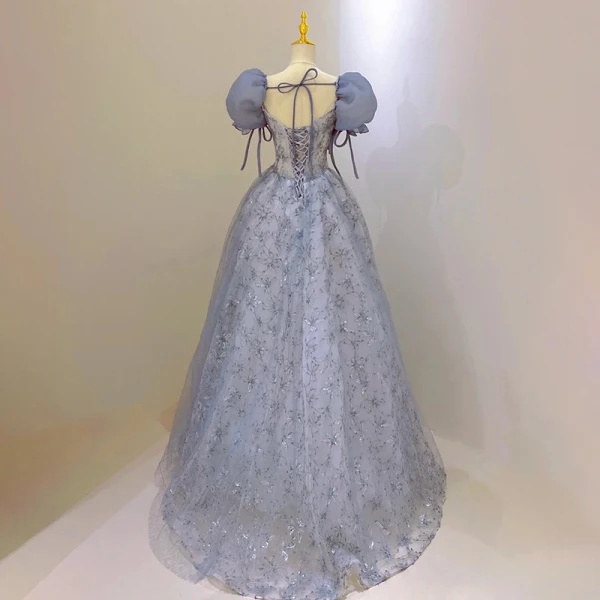 Chic / Belle Bleu Ciel Paillettes Robe De Bal 2023 Princesse Encolure Carrée Gonflée Manches Courtes Dos Nu Noeud Longue Promo Robe De Ceremonie