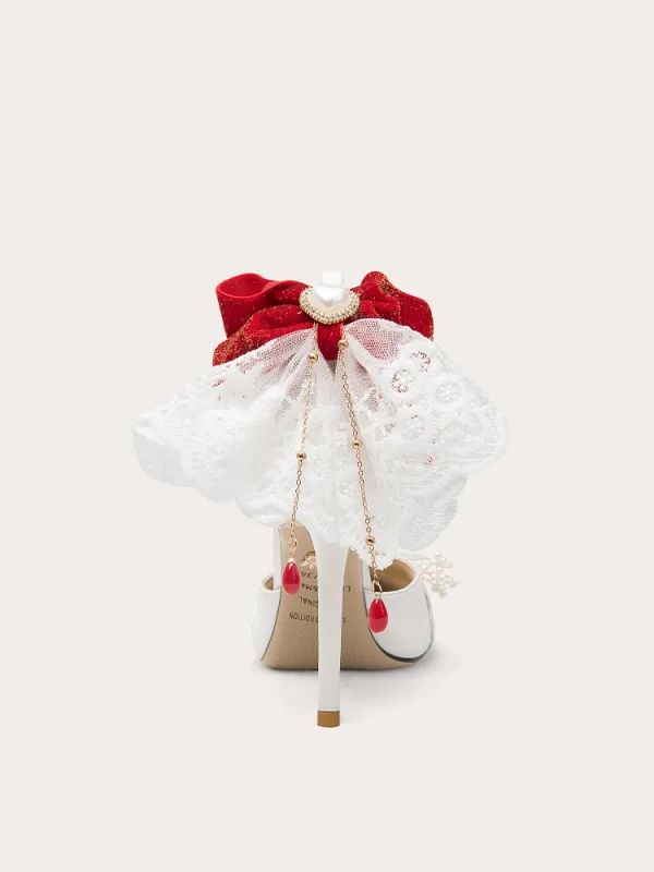 Charming White Bow Lace Flower Wedding Shoes 2024 Leather 10 cm Stiletto Heels Pointed Toe Wedding High Heels