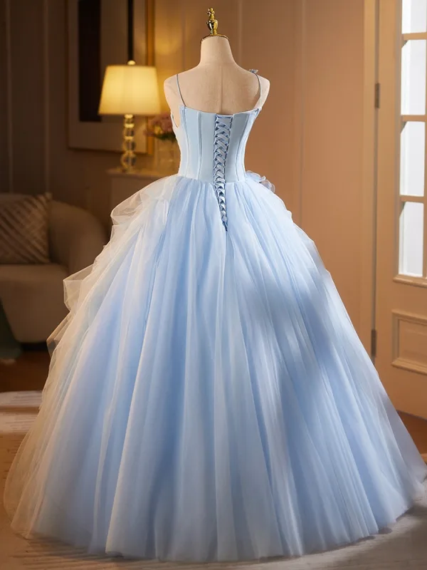 Chic / Beautiful Sky Blue Cascading Ruffles Appliques Prom Dresses 2025 Ball Gown Spaghetti Straps Sleeveless Backless Floor-Length / Long Prom Formal Dresses