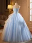 Chic / Beautiful Sky Blue Cascading Ruffles Appliques Prom Dresses 2025 Ball Gown Spaghetti Straps Sleeveless Backless Floor-Length / Long Prom Formal Dresses