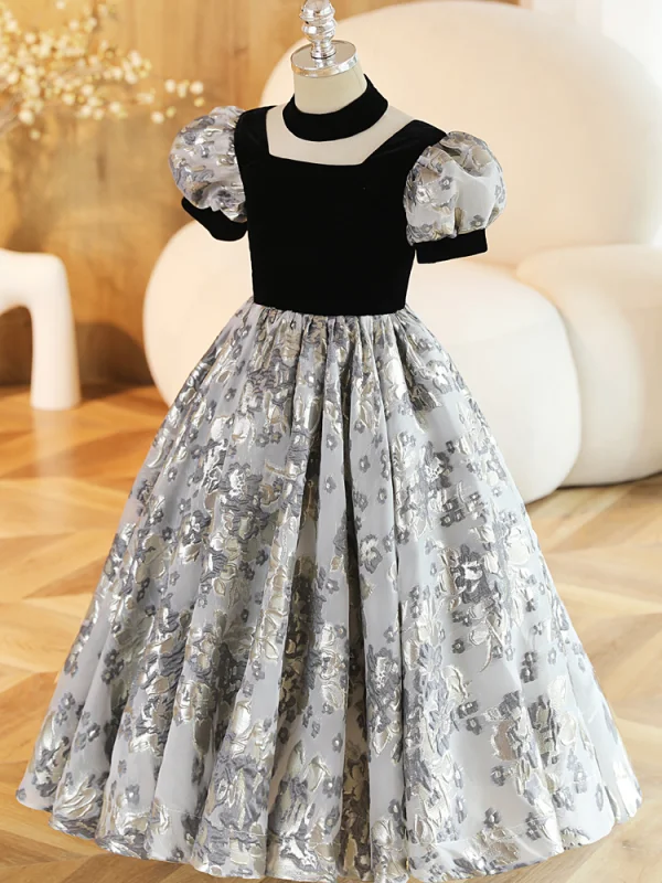 Chic / Beautiful Black Birthday Flower Girl Dresses A-Line / Princess 2023 Square Neckline Puffy Short Sleeve Floor-Length / Long Flower Girl Dresses