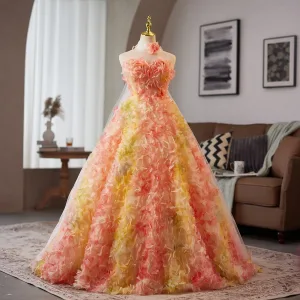 Luxe Fée Des Fleurs Dégradé De Couleur Appliques Robe De Bal 2025 Robe Boule Bustier Sans Manches Dos Nu Longue Promo Robe De Ceremonie