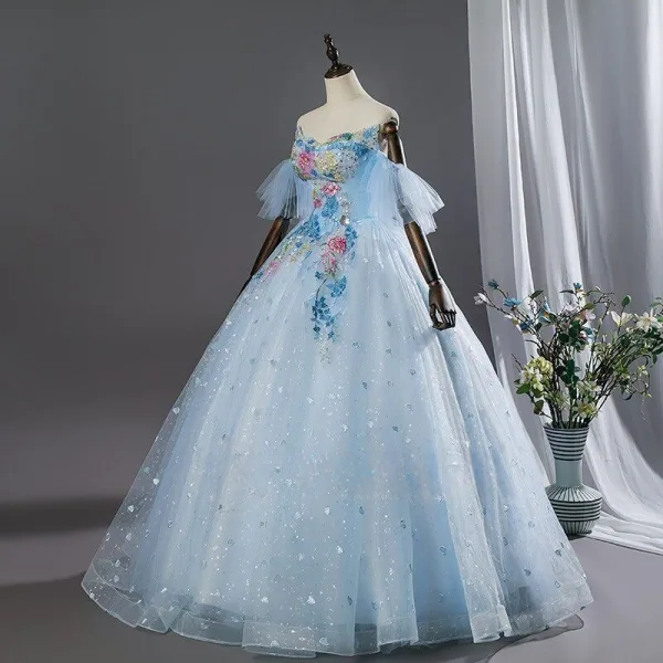 Schillernd Himmelblau Spitze Blumen Applikationen Pailletten Ballkleider 2026 Ballkleid Bandeau Ärmellos Rückenfreies