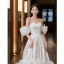 Elegant Ivory Satin Wedding Dresses 2023 A-Line / Princess Off-The-Shoulder Puffy Short Sleeve Backless Court Train Wedding