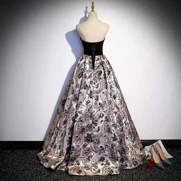 Vintage / Retro Black Printing Prom Dresses 2022 A-Line / Princess Square Neckline Puffy Short Sleeve Backless Floor-Length / Long Prom Formal Dresses