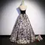 Vintage / Retro Black Printing Prom Dresses 2022 A-Line / Princess Square Neckline Puffy Short Sleeve Backless Floor-Length / Long Prom Formal Dresses