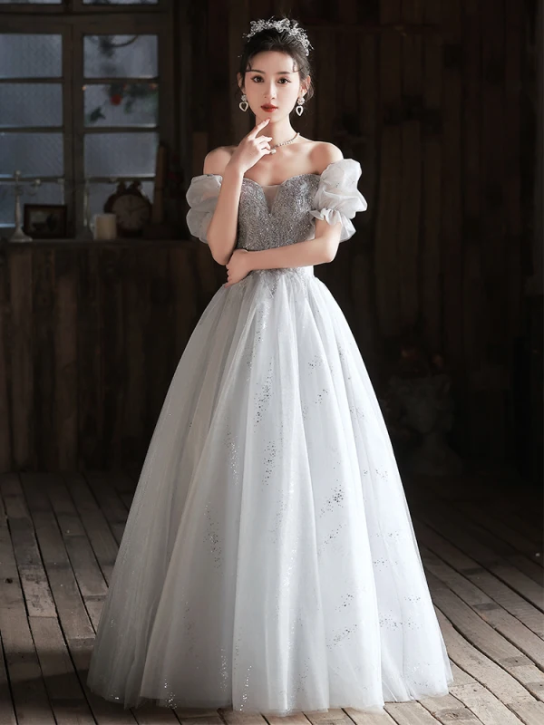 Chic / Beautiful Grey Beading Prom Dresses 2024 Ball Gown Square Neckline Short Sleeve Backless Floor-Length / Long Prom Formal Dresses