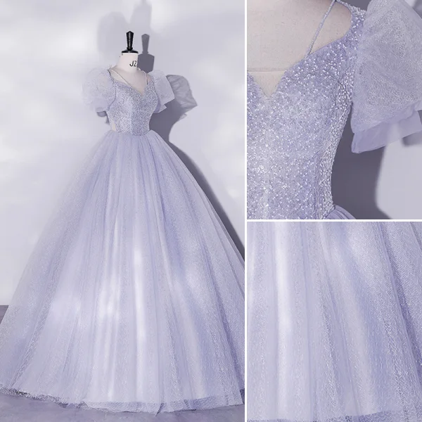 Chic / Beautiful Sky Blue Beading Sequins Prom Dresses 2022 Ball Gown Scoop Neck Short Sleeve Puffy Backless Floor-Length / Long Prom Formal Dresses
