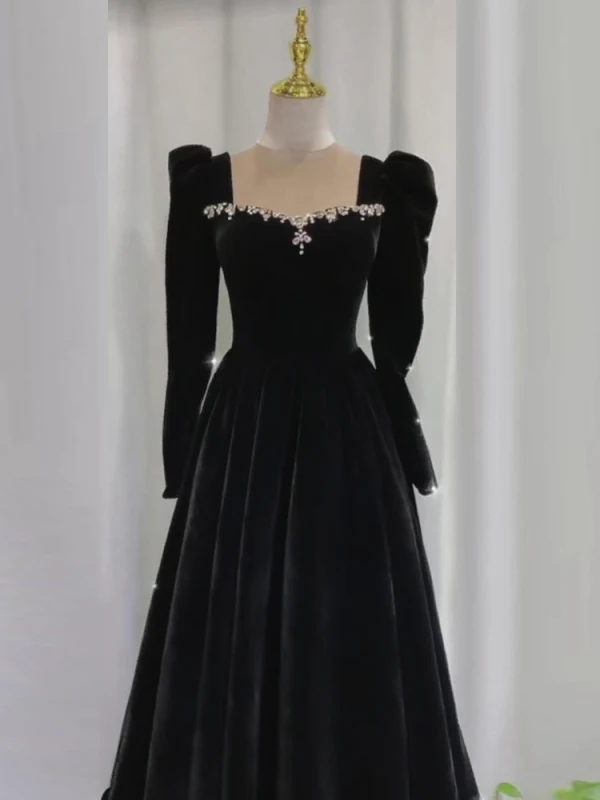 Audrey Hepburn Style Black Rhinestone Velvet Prom Dresses 2024 A-Line / Princess Square Neckline Long Sleeve Backless Floor-Length / Long Prom Formal Dresses