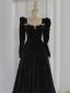 Audrey Hepburn Style Black Rhinestone Velvet Prom Dresses 2024 A-Line / Princess Square Neckline Long Sleeve Backless Floor-Length / Long Prom Formal Dresses