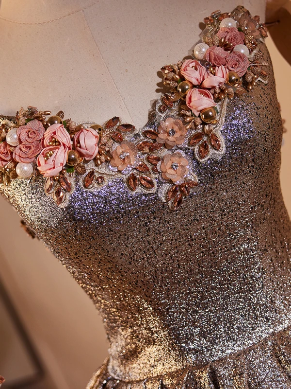 Sparkly Pearl Rhinestone Appliques Sequins Prom Dresses 2024 Ball Gown Strapless Sleeveless Backless Floor-Length / Long Prom Formal Dresses