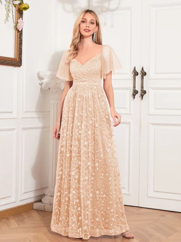 Chic / Beautiful Candy Pink Lace Flower Evening Dresses 2024 A-Line / Princess V-Neck Short Sleeve Backless Floor-Length / Long Evening Party Formal Dresses