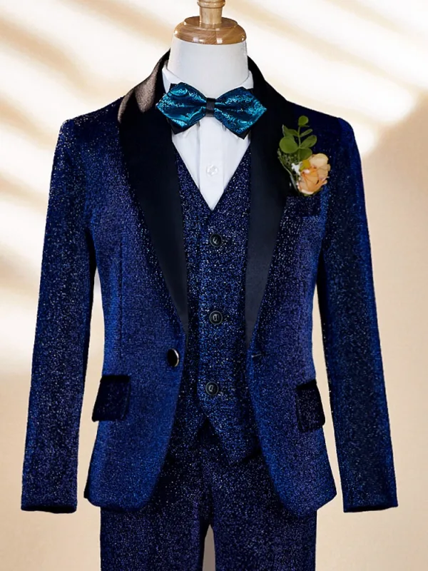 Fall Winter Navy Blue 6-piece Long Sleeve Boys Wedding Suits 2025 Body Jewellery Coat Pants Shirt Tie Vest
