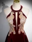 Chic / Beautiful Burgundy Beading Pearl Sequins Velvet Prom Dresses 2024 Ball Gown High Neck Sleeveless Backless Floor-Length / Long Prom Formal Dresses