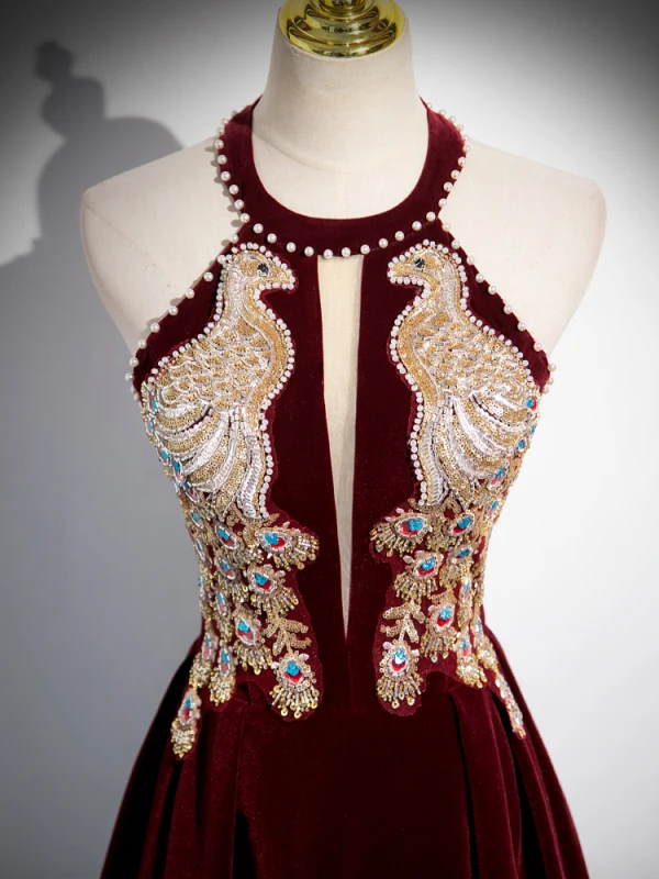 Chic Beautiful Burgundy Beading Pearl Sequins Velvet Prom Dresses 2024 Ball Gown High