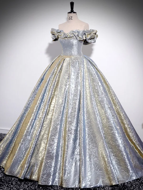 Mode Argenté Glitter Robe De Ceremonie 2024 Robe Boule De l'épaule Manches Courtes Dos Nu Longue Promo Robe De Bal