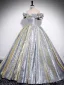 Mode Argenté Glitter Robe De Ceremonie 2024 Robe Boule De l'épaule Manches Courtes Dos Nu Longue Promo Robe De Bal
