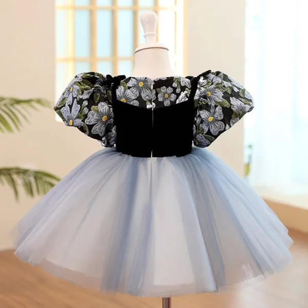 Chic / Beautiful Black Printing Birthday Short Flower Girl Dresses 2023 Ball Gown Scoop Neck Puffy Short Sleeve Tulle