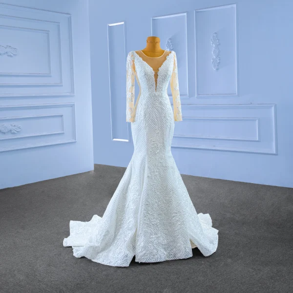 High-end White Beading Sequins Lace Flower Wedding Dresses 2023 Trumpet / Mermaid Scoop Neck Long Sleeve Sweep Train Wedding