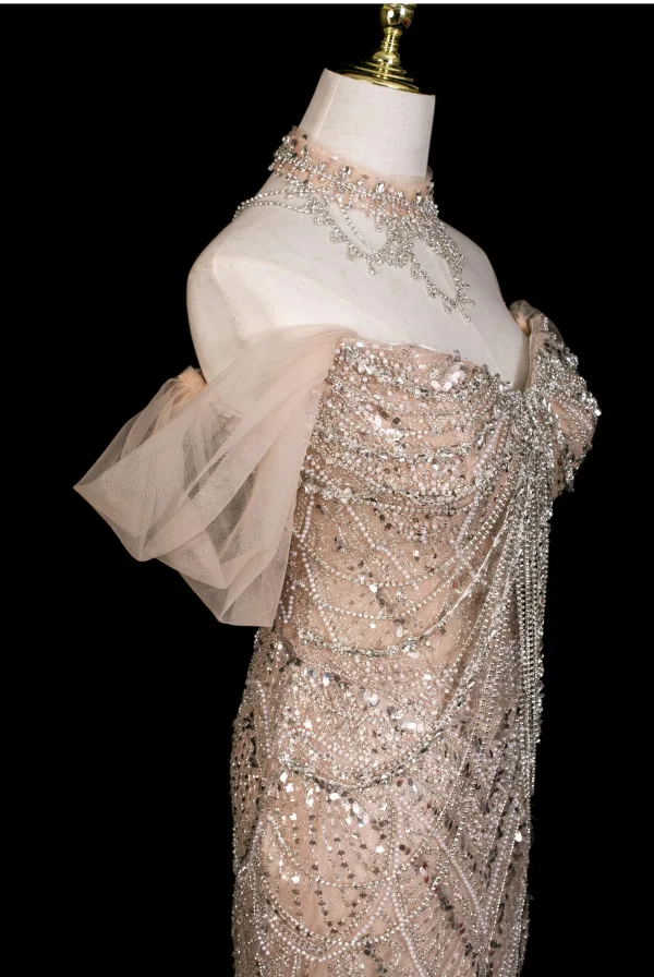 Luxe Scintillantes Champagne Perlage Faux Diamant Paillettes Robe De Soirée 2025 Trompette / Sirène Bustier Sans Manches Dos Nu Train De Balayage Soirée Robe De Ceremonie